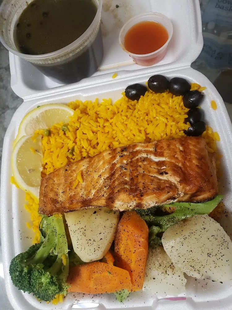 Salmon Platter Rice Beans Veggies